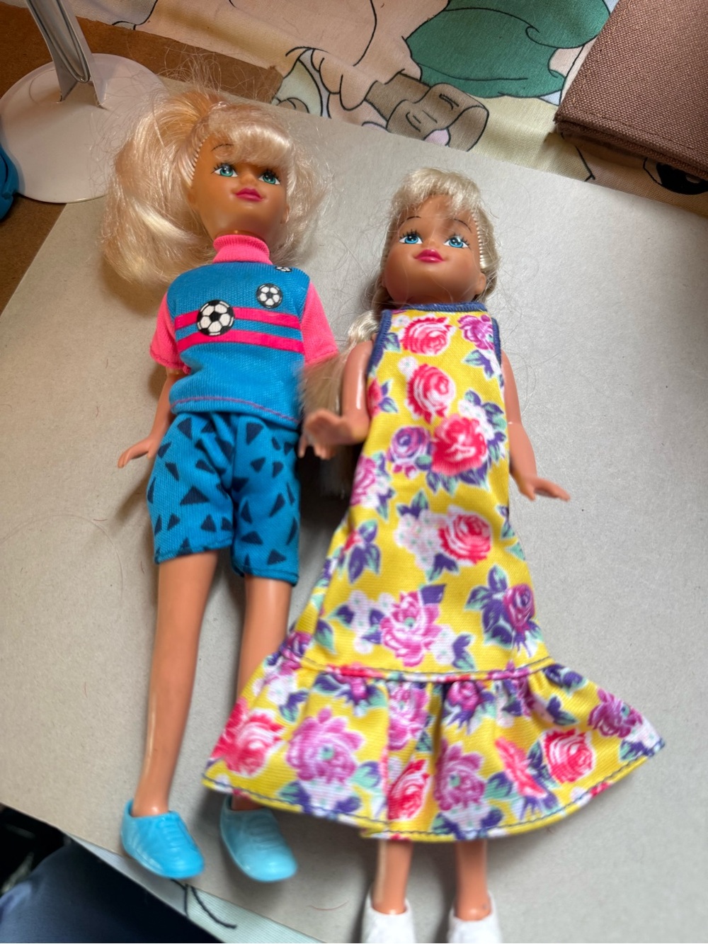 Vintage Dolls with Yellow Floral Dress and Blue Sport Outfit